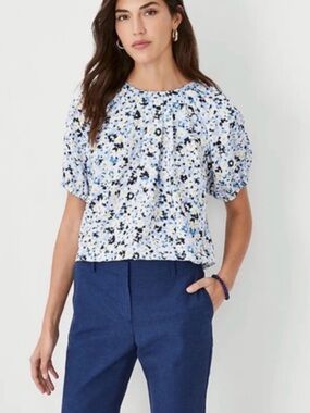 Ann Taylor Blue & White Floral Short Sleeve Blouse